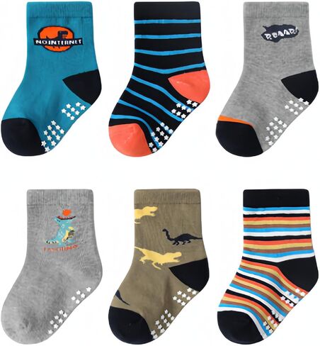 جوارب JUNOAI للأطفال الصغار مضادة للانزلاق - جوارب قطنية مضادة للانزلاق مع مقابض للأطفال الرضع من عمر 0 ​​إلى 7 سنوات (عبوة من 12 قطعة) in Kuwait