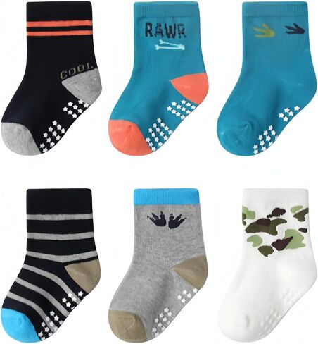 جوارب JUNOAI للأطفال الصغار مضادة للانزلاق - جوارب قطنية مضادة للانزلاق مع مقابض للأطفال الرضع من عمر 0 ​​إلى 7 سنوات (عبوة من 12 قطعة) in Kuwait