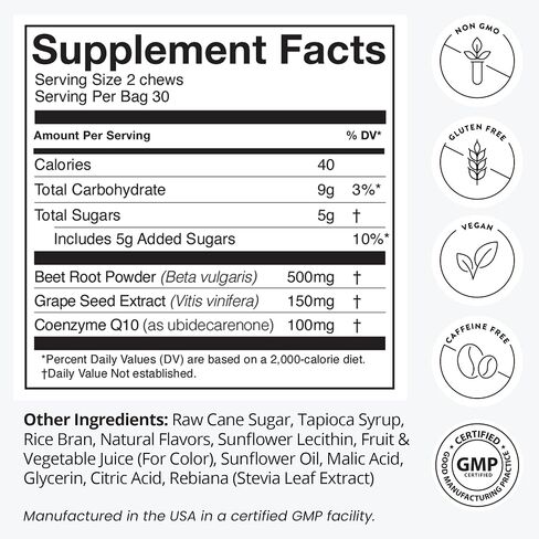 humanN SuperBeets Heart Chews Advanced - 3-in-1 Formula with Beetroot, Grape Seed Extract, & CoQ10, 60 Count in Kuwait