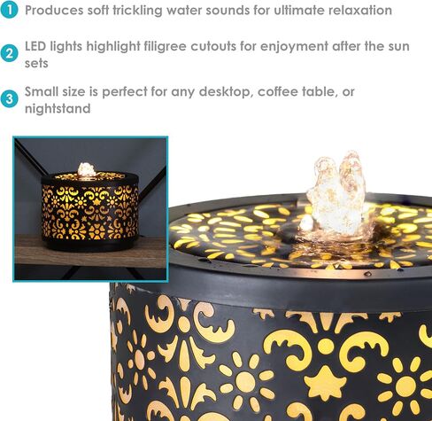 Sunnydaze Filigree Cutout Indoor Tabletop Water Fountain with Lights - 5.5-Inch H - Electric Submersible Pump - Black in Saudi Arabia