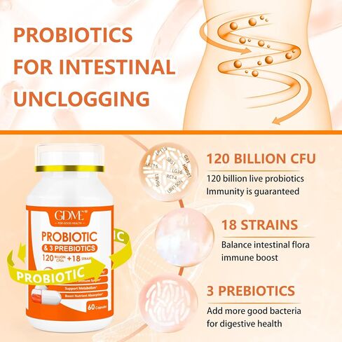 كبسولات بروبيوتيك GDME، 60 كبسولة 120 مليار CFU 18 سلالة، تحتوي على 3 بريبايوتكس، للرجال والنساء، مكمل غذائي بروبيوتيك مرة واحدة يوميًا، يعزز صحة الجهاز الهضمي والمناعة in Kuwait