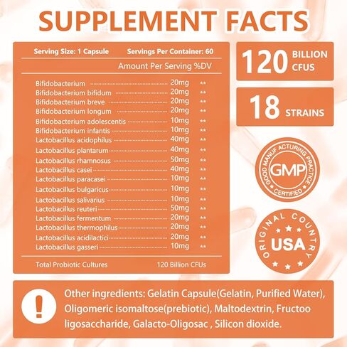 كبسولات بروبيوتيك GDME، 60 كبسولة 120 مليار CFU 18 سلالة، تحتوي على 3 بريبايوتكس، للرجال والنساء، مكمل غذائي بروبيوتيك مرة واحدة يوميًا، يعزز صحة الجهاز الهضمي والمناعة in Kuwait