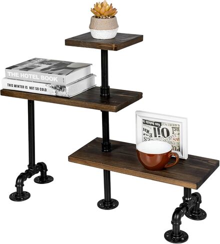 MyGift 3 Tier Industrial Black Metal Pipe and Rustic Burnt Solid Wood Adjustable Kitchen Countertop Corner Shelf Storage Organizer Rack in Saudi Arabia