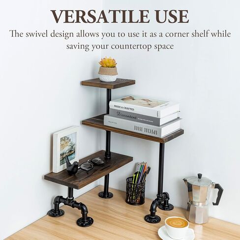 MyGift 3 Tier Industrial Black Metal Pipe and Rustic Burnt Solid Wood Adjustable Kitchen Countertop Corner Shelf Storage Organizer Rack in Saudi Arabia