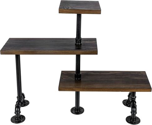 MyGift 3 Tier Industrial Black Metal Pipe and Rustic Burnt Solid Wood Adjustable Kitchen Countertop Corner Shelf Storage Organizer Rack in Saudi Arabia