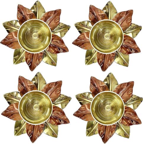 Craftsman 12 Pc Set of Brass Copper Lotus Flower Petals Kamal Shape Metal Akand Diya for Traditional Indian Festive Diwali Deepawali Puja Pooja Dia Home Temple Decoration Oil Lamp Gift Items in Kuwait