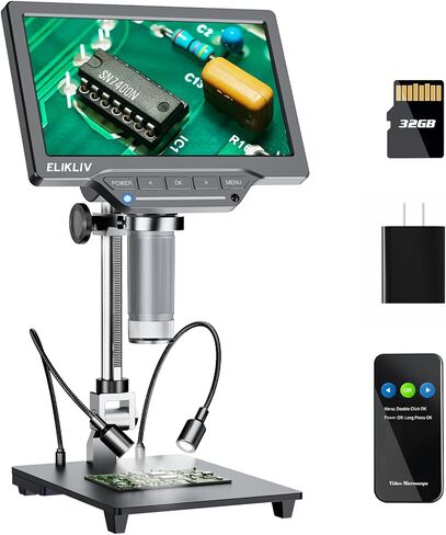 مجهر رقمي Elikliv EDM201 SE مقاس 7 بوصات مع حامل مقاس 10 بوصات - مجهر للعملات المعدنية 1200X مع شاشة - مكبر للعملات المعدنية بدقة 12 ميجابكسل مع ضوء، وشاشة IPS مقاس 7 بوصات، و10 مصابيح LED، ومتوافق مع Windows/Mac in Kuwait