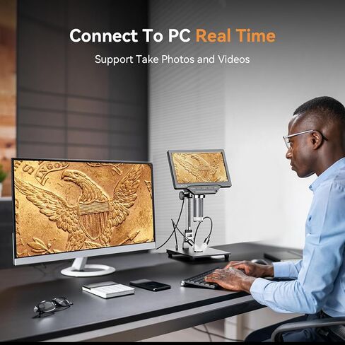 مجهر رقمي Elikliv EDM201 SE مقاس 7 بوصات مع حامل مقاس 10 بوصات - مجهر للعملات المعدنية 1200X مع شاشة - مكبر للعملات المعدنية بدقة 12 ميجابكسل مع ضوء، وشاشة IPS مقاس 7 بوصات، و10 مصابيح LED، ومتوافق مع Windows/Mac in Kuwait