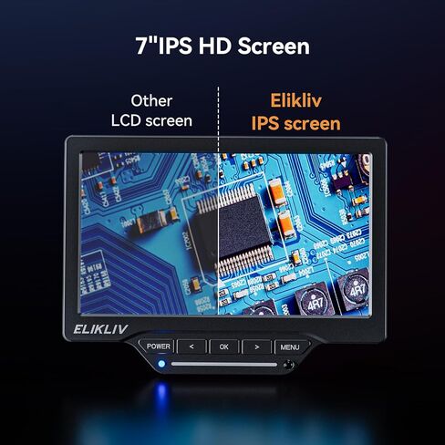 مجهر رقمي Elikliv EDM201 SE مقاس 7 بوصات مع حامل مقاس 10 بوصات - مجهر للعملات المعدنية 1200X مع شاشة - مكبر للعملات المعدنية بدقة 12 ميجابكسل مع ضوء، وشاشة IPS مقاس 7 بوصات، و10 مصابيح LED، ومتوافق مع Windows/Mac in Kuwait