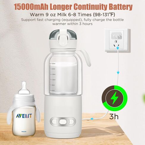 جهاز تسخين الزجاجات المحمول، جهاز تسخين زجاجات الأطفال اللاسلكي القابل لإعادة الشحن بقدرة 15000 مللي أمبير في الساعة، جهاز تسخين الزجاجات لحليب الأم، 98 درجة فهرنهايت - 131 درجة فهرنهايت/زجاج مزدوج/معتمد من قبل السلطات، مجاني - شحن سريع/فرشاة in Kuwait