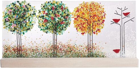WARM GLASS WONDER Art Glass Panel Four Seasons Trees Design in Wood Stand by Artist B Skinner, 16" x 7 3/4" in Kuwait