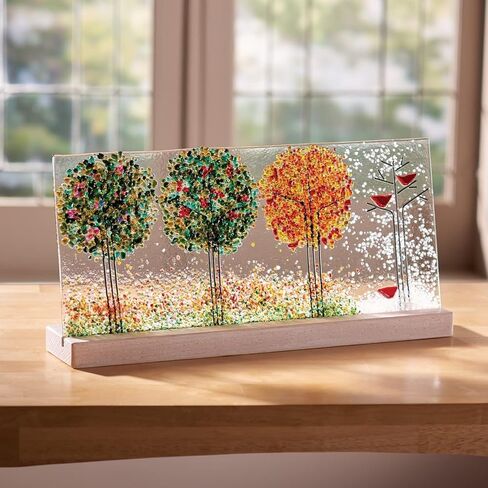 WARM GLASS WONDER Art Glass Panel Four Seasons Trees Design in Wood Stand by Artist B Skinner, 16" x 7 3/4" in Kuwait