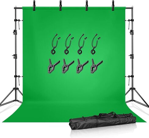 JS JULIUS STUDIO 10 ft. Wide Backdrop Stand, 9 x 13 ft. Silky Texture Green Screen Chromakey Background Backdrop with 4 Set of Strong Clamps and String Clips, JSAG704 in Kuwait