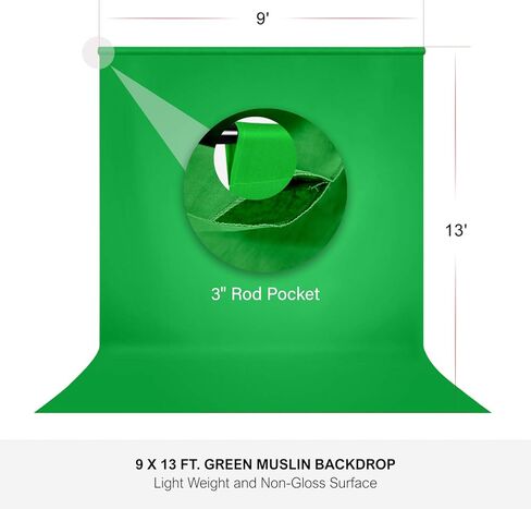 JS JULIUS STUDIO 10 ft. Wide Backdrop Stand, 9 x 13 ft. Silky Texture Green Screen Chromakey Background Backdrop with 4 Set of Strong Clamps and String Clips, JSAG704 in Kuwait