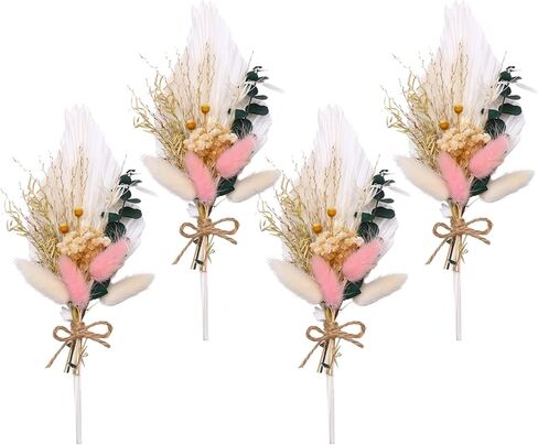 Auidy_6TXD 4 قطع باقة زهور مجففة صغيرة، أوراق النخيل الطبيعية المجففة، سيقان الأوكالبتوس ذيل أرنب مجفف لديكور زفاف بوهو، ترتيب الزهور المجففة لحفلات الزفاف، العروة، ديكور الطاولة، الحفلات in Kuwait