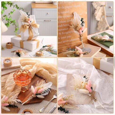 Auidy_6TXD 4 قطع باقة زهور مجففة صغيرة، أوراق النخيل الطبيعية المجففة، سيقان الأوكالبتوس ذيل أرنب مجفف لديكور زفاف بوهو، ترتيب الزهور المجففة لحفلات الزفاف، العروة، ديكور الطاولة، الحفلات in Kuwait