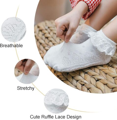 جوارب دانتيل صغيرة للأطفال حديثي الولادة للفتيات حديثي الولادة من الدانتيل المكشكش، جوارب للكاحل من القطن الناعم مع مجموعة هدايا، 3 أزواج، أبيض، 0-3 أشهر in Kuwait