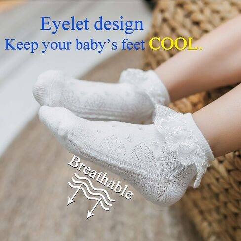 جوارب دانتيل صغيرة للأطفال حديثي الولادة للفتيات حديثي الولادة من الدانتيل المكشكش، جوارب للكاحل من القطن الناعم مع مجموعة هدايا، 3 أزواج، أبيض، 0-3 أشهر in Kuwait