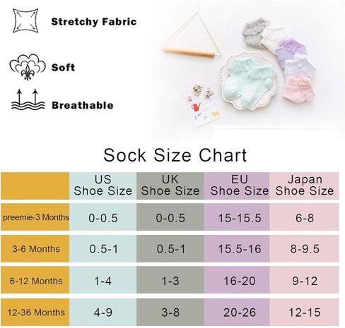 جوارب دانتيل صغيرة للأطفال حديثي الولادة للفتيات حديثي الولادة من الدانتيل المكشكش، جوارب للكاحل من القطن الناعم مع مجموعة هدايا، 3 أزواج، أبيض، 0-3 أشهر in Kuwait