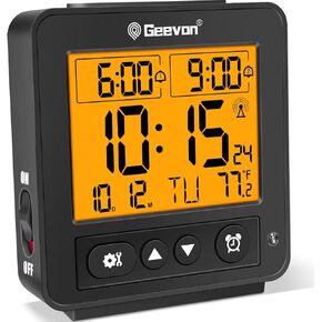 Geevon Atomic Travel Alarm Clock with Auto/8s Backlight, 2 Alarm Settings, Temperature Detect, Increasing Beep Sounds Digital Atomic Travel Clock Battery Operated for Bedroom, Bedside