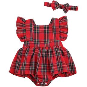 GuliriFei Infant Baby Girls Christmas Romper Red Plaid Bodysuit Dress Toddler Kids Ruffle Sleeve Party Playsuit Outfit