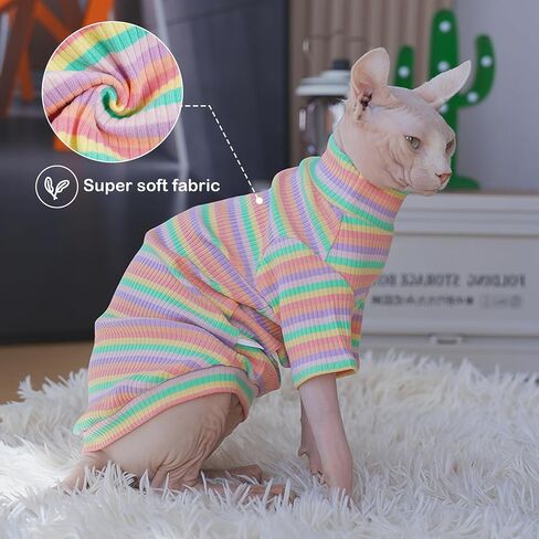 ملابس قطط من PUMYPOREITY Sphynx، قميص قطط ناعم بدون شعر بأكمام، سترة قطط قابلة للتمدد، بذلة بيجامة قطط بلوفر، زي قطط بياقة مدورة لـ Sphynx Cornish Rex، Devon Rex، قوس قزح، 2XL in Kuwait