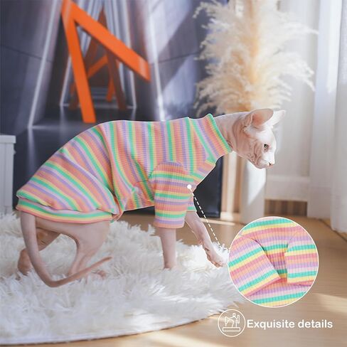ملابس قطط من PUMYPOREITY Sphynx، قميص قطط ناعم بدون شعر بأكمام، سترة قطط قابلة للتمدد، بذلة بيجامة قطط بلوفر، زي قطط بياقة مدورة لـ Sphynx Cornish Rex، Devon Rex، قوس قزح، 2XL in Kuwait