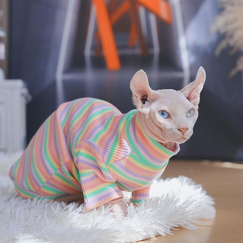ملابس قطط من PUMYPOREITY Sphynx، قميص قطط ناعم بدون شعر بأكمام، سترة قطط قابلة للتمدد، بذلة بيجامة قطط بلوفر، زي قطط بياقة مدورة لـ Sphynx Cornish Rex، Devon Rex، قوس قزح، 2XL in Kuwait