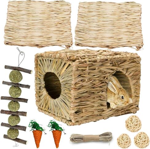 Hamiledyi Bunny Grass House with 2 Grass Mat and Play Balls Foldable Toy Hut for Rabbit, Squirrels, Guinea Pigs Play and Sleep Edible Grass Hideaway in Kuwait