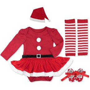 IDOPIP Baby Girl Christmas Outfit My First Christmas Santa Romper Tutu Dress Outfit Red Santa Hat Leg Warmers Shoes Clothes
