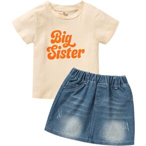 ملابس Viworld Big Sister للفتيات الصغيرات بأكمام قصيرة تي شيرت + مجموعة ملابس تنورة من الدنيم in Kuwait