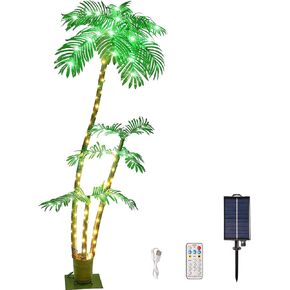 Lighted Palm Tree, 7FT Palm Trees for Outside Patio, Christmas Palm Tree Decor, Waterproof＆Windproof Solar Light Up Tree, Artificial Lighted Palm Tree Party Decorations for Outside Indoor Patio Decor