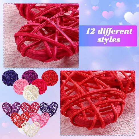 48 قطعة من قلوب الروطان لعيد الحب من Luinabio DIY، مزهرية على شكل قلب، حشو مزهرية من الخيزران الطبيعي، كرات الروطان على شكل قلب، كرات الأجرام السماوية ديكور لتزيين المنزل والزفاف in Kuwait
