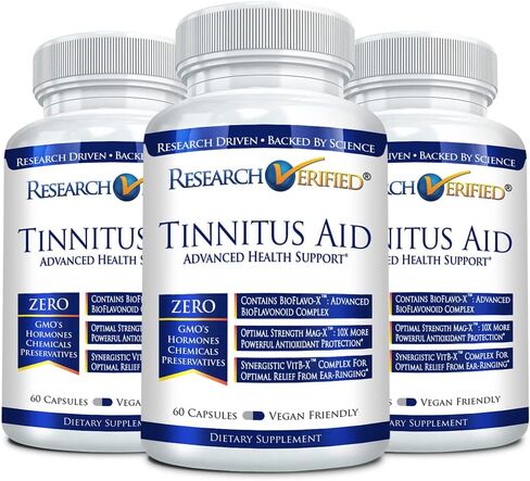 Research Verified Tinnitus Aid - Lessen Internal Ringing - Ginkgo Biloba, Vitamin C, Full Spectrum B Complex Blend, Magnesium - 6 Month Supply - Vegan - Made in The USA in Kuwait