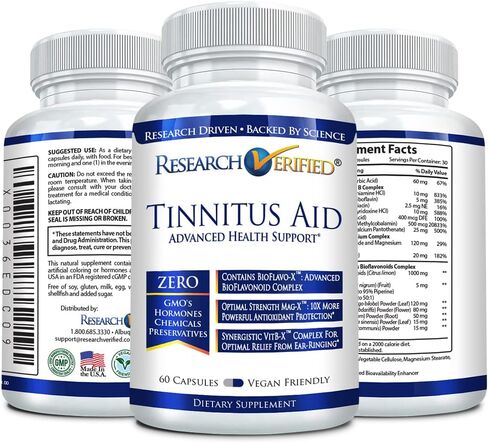 Research Verified Tinnitus Aid - Lessen Internal Ringing - Ginkgo Biloba, Vitamin C, Full Spectrum B Complex Blend, Magnesium - 6 Month Supply - Vegan - Made in The USA in Kuwait