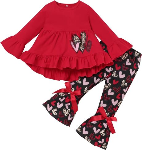 Menglang Valentine's Day Outfit Kids Baby Girl Clothes Red Ruffled Sleeve Top Heart-Shaped Pants Clothes Set for Little Girl in Kuwait