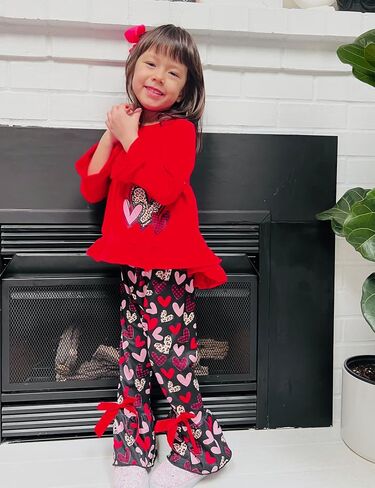 Menglang Valentine's Day Outfit Kids Baby Girl Clothes Red Ruffled Sleeve Top Heart-Shaped Pants Clothes Set for Little Girl in Kuwait