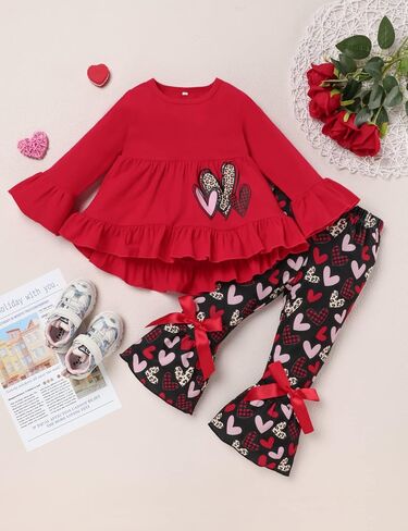 Menglang Valentine's Day Outfit Kids Baby Girl Clothes Red Ruffled Sleeve Top Heart-Shaped Pants Clothes Set for Little Girl in Kuwait