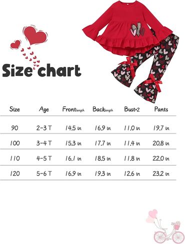 Menglang Valentine's Day Outfit Kids Baby Girl Clothes Red Ruffled Sleeve Top Heart-Shaped Pants Clothes Set for Little Girl in Kuwait