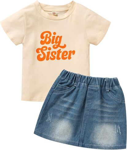 ملابس Viworld Big Sister للفتيات الصغيرات بأكمام قصيرة تي شيرت + مجموعة ملابس تنورة من الدنيم in Kuwait