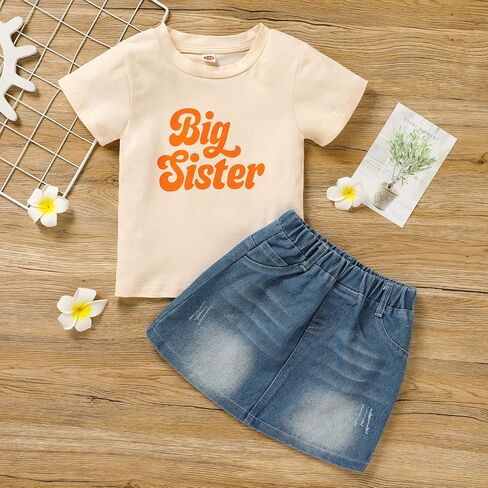 ملابس Viworld Big Sister للفتيات الصغيرات بأكمام قصيرة تي شيرت + مجموعة ملابس تنورة من الدنيم in Kuwait