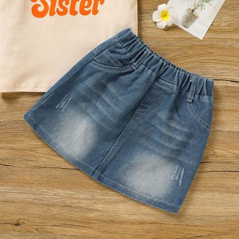 ملابس Viworld Big Sister للفتيات الصغيرات بأكمام قصيرة تي شيرت + مجموعة ملابس تنورة من الدنيم in Kuwait