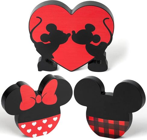 Unbess 3Pcs Christmas Valentine Cartoon Mouse Tiered Tray Sign Table Decor Red and Black Mouse Love Heart Shaped Freestanding Farmhouse Rustic Wooden Romantic Centerpieces for Home Wedding Anniversary in Kuwait