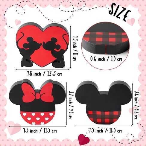 Unbess 3Pcs Christmas Valentine Cartoon Mouse Tiered Tray Sign Table Decor Red and Black Mouse Love Heart Shaped Freestanding Farmhouse Rustic Wooden Romantic Centerpieces for Home Wedding Anniversary in Kuwait
