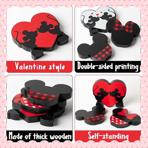 Unbess 3Pcs Christmas Valentine Cartoon Mouse Tiered Tray Sign Table Decor Red and Black Mouse Love Heart Shaped Freestanding Farmhouse Rustic Wooden Romantic Centerpieces for Home Wedding Anniversary in Kuwait