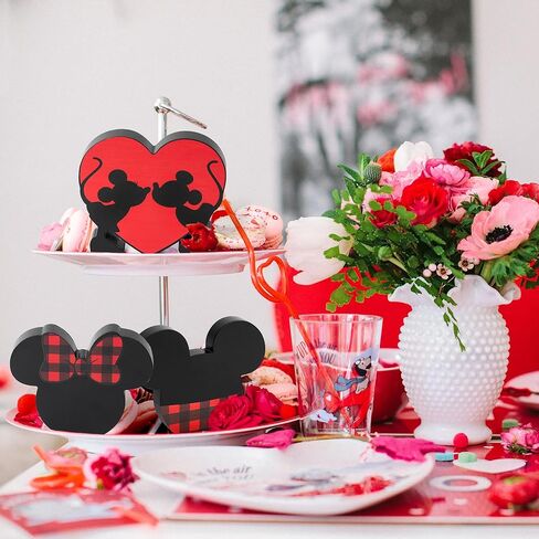 Unbess 3Pcs Christmas Valentine Cartoon Mouse Tiered Tray Sign Table Decor Red and Black Mouse Love Heart Shaped Freestanding Farmhouse Rustic Wooden Romantic Centerpieces for Home Wedding Anniversary in Kuwait