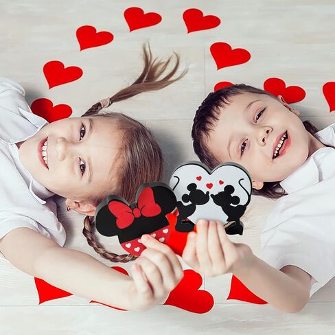 Unbess 3Pcs Christmas Valentine Cartoon Mouse Tiered Tray Sign Table Decor Red and Black Mouse Love Heart Shaped Freestanding Farmhouse Rustic Wooden Romantic Centerpieces for Home Wedding Anniversary in Kuwait