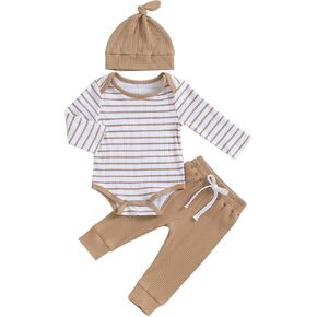 Newborn Baby Boy Girl Outfits Long Sleeve Striped Ribbed Knitted Romper Pants Hat 3Pcs Infant Fall Winter Clothes in Kuwait