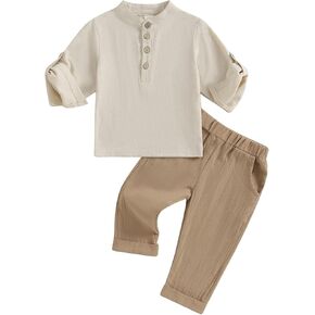 ملابس Karuedoo للأطفال الصغار من القطن والكتان وقمصان Henley بأزرار سفلية وأكمام طويلة ومجموعة سراويل كاجوال in Kuwait