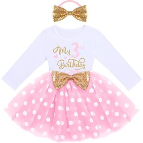 Baby Girls My 1st 2nd 3rd Birthday Polka Dots Dress w/Headband Long Sleeve Sequin Princess Tutu Cake Smash One Party Gown